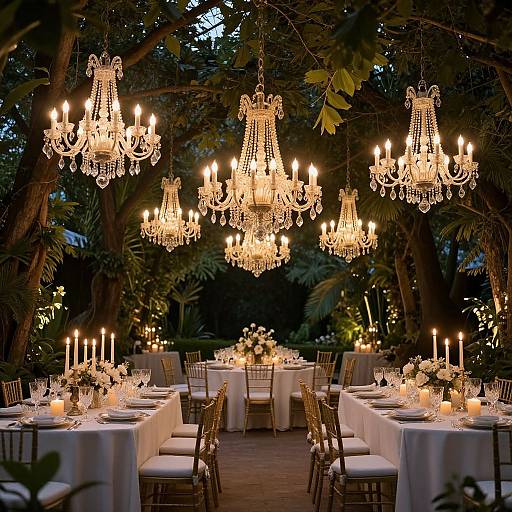 Photograph of a romantic outdoor evening wedding reception with multiple sparkling chandeliers, white round tables, gold chairs, and candlelit centerpieces under a