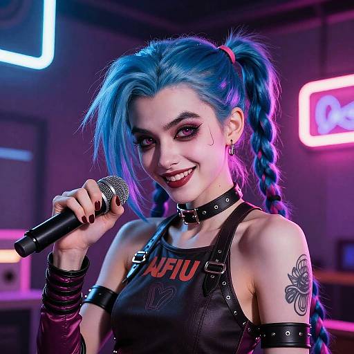 Photorealistic digital art of a punk rock singer with blue pigtails, black leather outfit, 