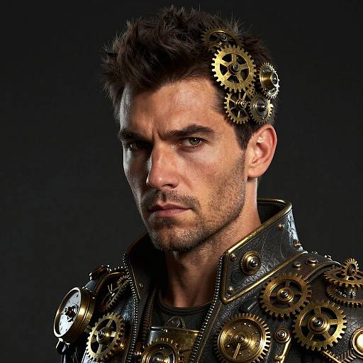 Photograph of a rugged, dark-haired man with mechanical gears integrated into his short hair and dark, metallic armor, set against a black background.