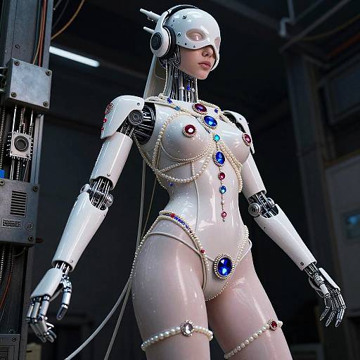 CGI image of a shiny, white, female humanoid robot with blue and red gemstones, pearl chains, and silver accents in a dark, industrial