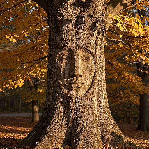 Photograph of a tree with carved, human-like face in autumn forest, sunlight casting warm orange and yellow leaves.