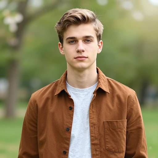 Photograph of a young Caucasian male with light brown hair, wearing a white t-shirt and brown button-up shirt, standing outdoors in a green, blurred