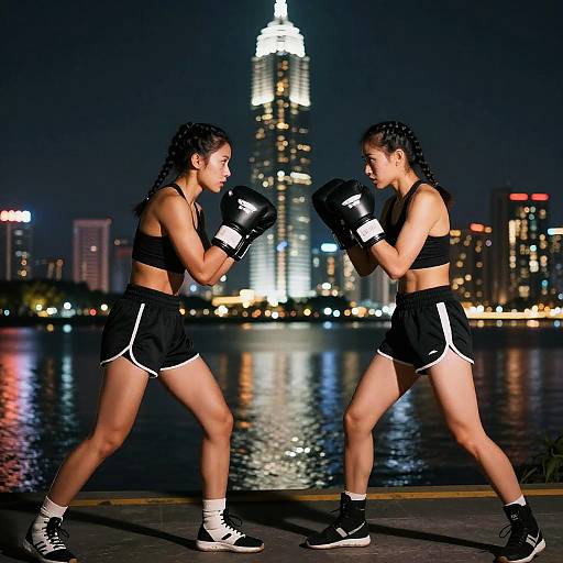 Muscular Women Boxing By Night Waterfront