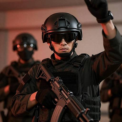 Male Soldier in Tactical Gear with Raised Arm