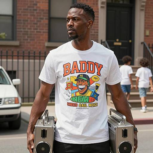 Muscular Man with Boomboxes in Urban Scene