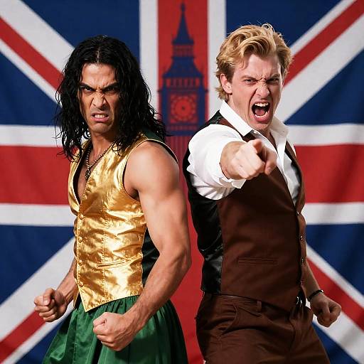 Two men in dynamic action poses with British flag backdrop