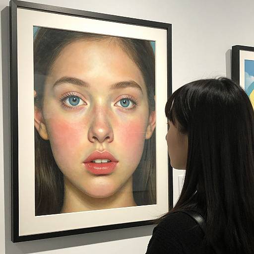 Photograph of a young woman with long black hair, gazing at a framed, realistic portrait of a young girl with blue eyes and pink lips on