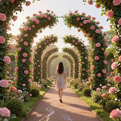 Photograph of a woman with long black hair in a white dress walking down a sunlit path through pink rose arches.