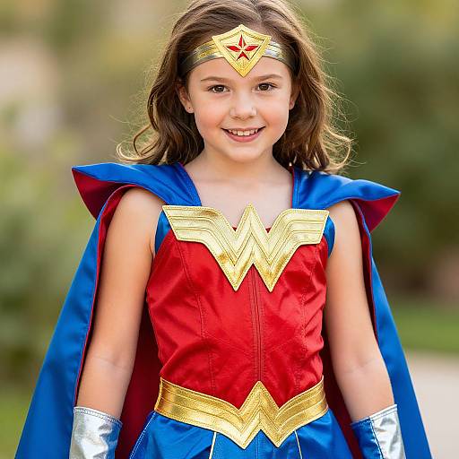 Photograph of a young girl with long brown hair, smiling, dressed as Wonder Woman in a red and blue costume with gold accents, standing outdoors.