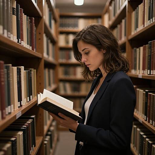Photograph of a focused, brown-haired woman in a black blazer, reading a book in a dimly lit, wooden bookshelf-lined library.