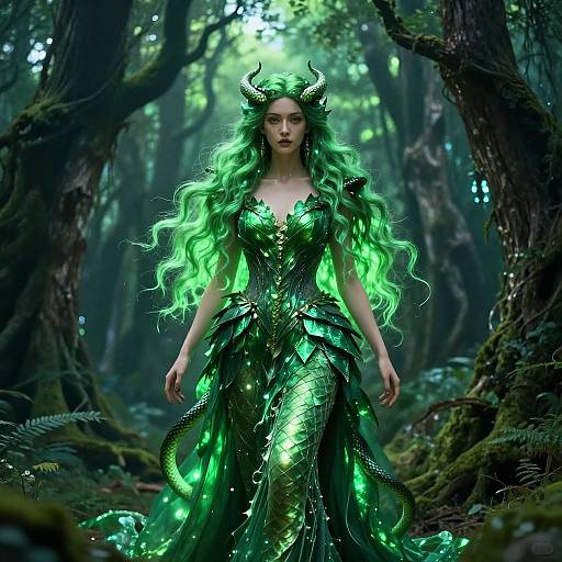Digital art of a green-horned, green-haired mermaid in a glowing, scale-like forest dress, standing amidst misty, moss-covered trees