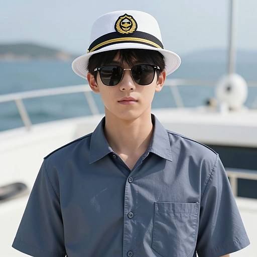 Photograph of a young Asian man in a navy shirt and white captain's hat with black and gold emblem, wearing dark sunglasses, standing on a boat