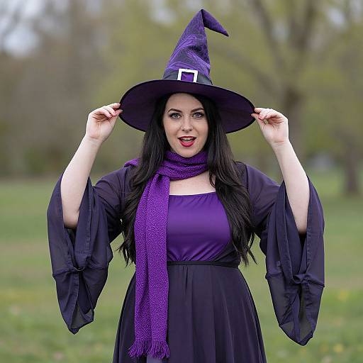 Photograph of a pale-skinned woman with long black hair, wearing a purple witch hat, matching scarf, and black dress, standing outdoors on a