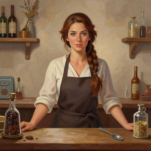 Digital painting of a young woman with fair skin, blue eyes, and auburn braid, wearing a white shirt and black apron, standing