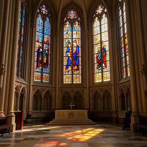 Photograph of a Gothic-style church interior with vibrant, multi-colored stained glass windows casting colorful light on the stone floor.