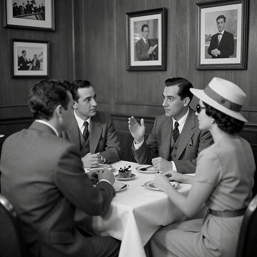 Vintage Black-and-White Group Conversation Scene