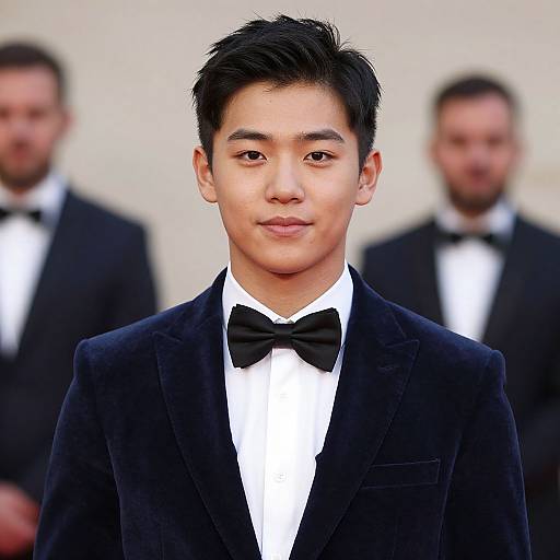 Photograph of an Asian man with short black hair, wearing a black velvet tuxedo and bow tie, standing in front of two blurred men in