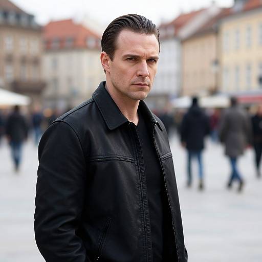 Photograph of a serious-looking man with slicked-back dark hair, wearing a black leather jacket, standing in a blurred, urban town square.