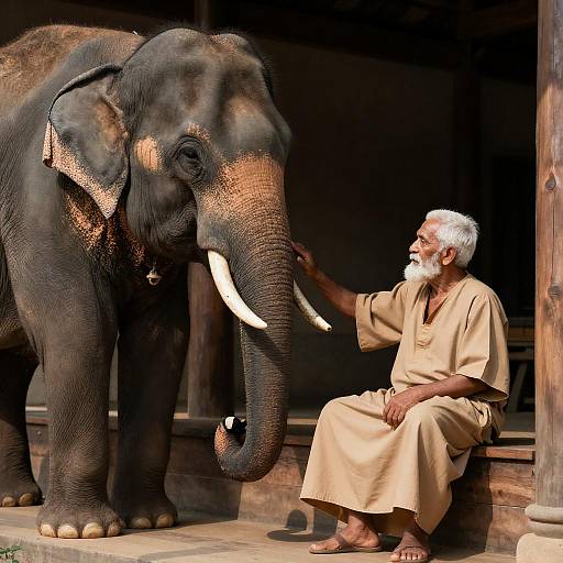 Elderly Man with Elephant in Sunlight