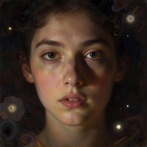 Photorealistic digital portrait of a young woman with curly brown hair, fair skin, large brown eyes, and slightly parted lips, set against a dark