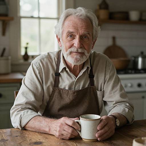 Photograph of an elderly white man with white hair and beard, wearing a brown apron over a beige shirt, sitting at a wooden kitchen table holding