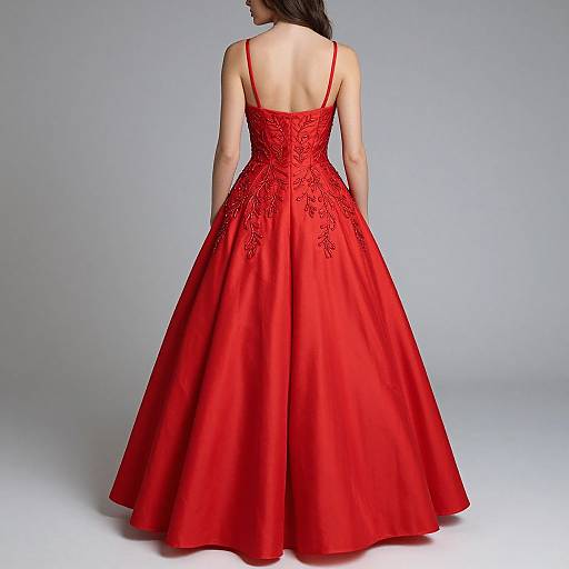 Photograph of a woman in a backless, vibrant red, floor-length ball gown with intricate lace detailing on the bodice.