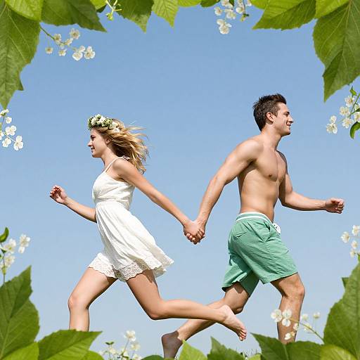 Photograph of a shirtless, muscular man in green shorts and a blonde woman in a white dress, running hand-in-hand through a field of white
