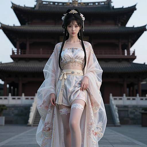 Photorealistic digital image of an Asian woman in white, floral-embroidered kimono with lace details, standing in front of a traditional Chinese