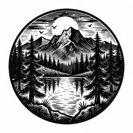 Woodcut Nighttime Mountain Landscape
