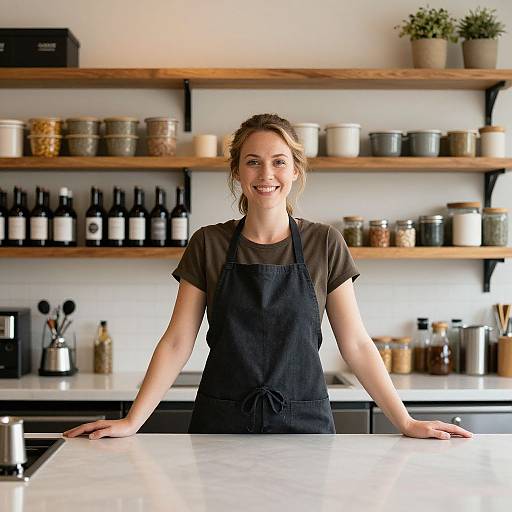 Photograph of a smiling, fair-skinned woman with brown hair in a black apron, standing in a modern kitchen with wooden shelves of jars and