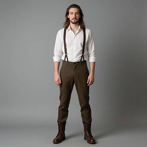 Photograph of a long-haired man with a beard, wearing a white shirt, black suspenders, brown pants, and black boots, standing against a