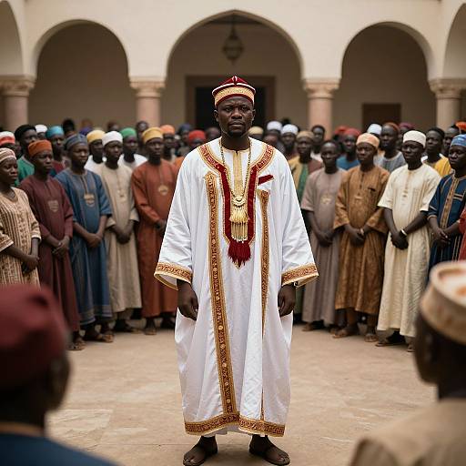 Photograph of a Black man in white and gold traditional African attire, standing center in a courtyard, surrounded by a diverse group of people in colorful traditional