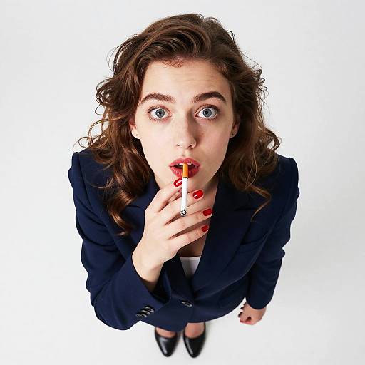 Surprised Woman in Navy Suit