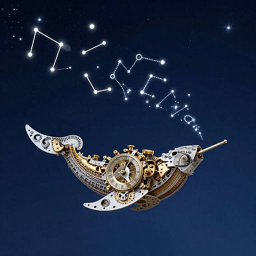 Steampunk seahorse with intricate gears and cogs flies against a dark blue night sky, connected to a constellation of glowing stars. Digital illustration