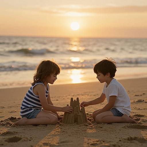 Photograph of two children, a girl in a striped shirt and boy in a white shirt, building a sandcastle on a beach at sunset.