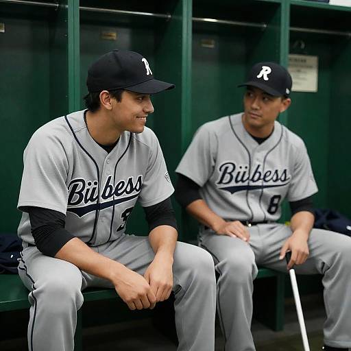 Two Men in Baseball Uniforms in Locker Room