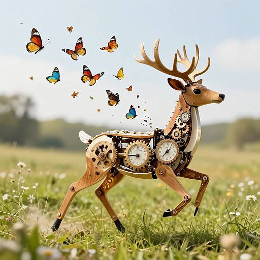 Whimsical digital artwork of a clockwork deer with gears and butterflies emerging from its back, running through a sunlit meadow.