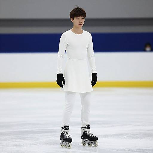 Photograph of a young male figure skater wearing a white long-sleeve shirt, white pants, black gloves, and black skates, standing