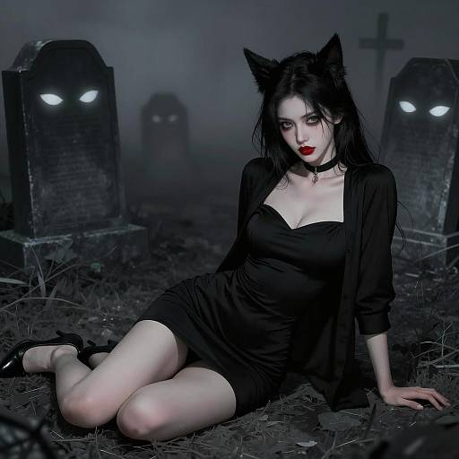 Mystical Woman in Dark Graveyard Scene