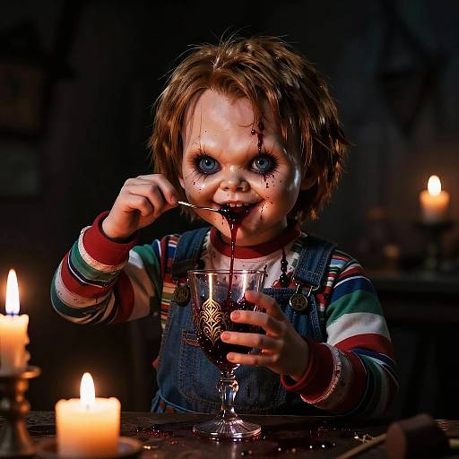 Chucky Drinking Blood in Shadows