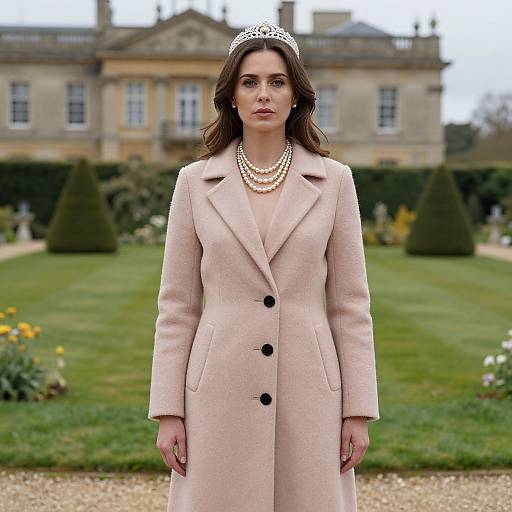 Photograph of a poised woman with brown hair, wearing a pink coat, pearl necklace, and tiara, standing in front of a grand, historic