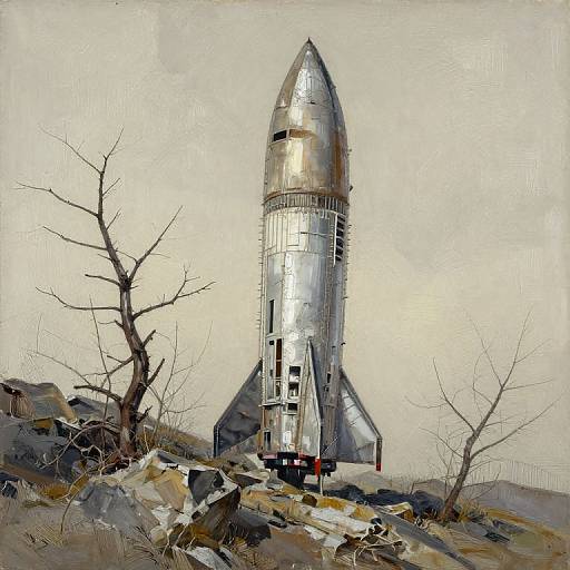 Digital painting of a sleek, silver rocket standing on rocky terrain with bare trees, under a pale, overcast sky.