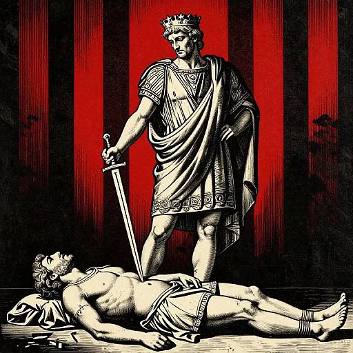 Monochromatic digital drawing: muscular king with crown and ornate robe, holding sword, stands over fallen, nude, defeated man on red-striped black