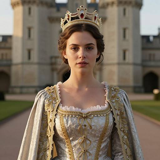Photograph of a young woman with fair skin, brown hair, wearing an ornate gold crown and silver, gold-embroidered gown, standing