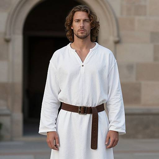 Photograph of a handsome man with shoulder-length brown hair, wearing a white long-sleeve tunic and brown belt, standing in front of a