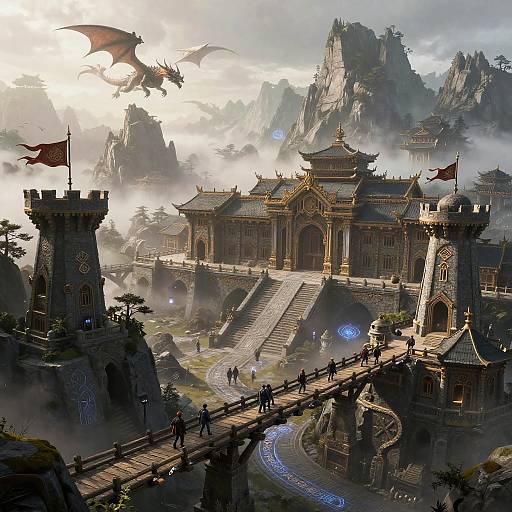 Misty Mountain City with Dragons