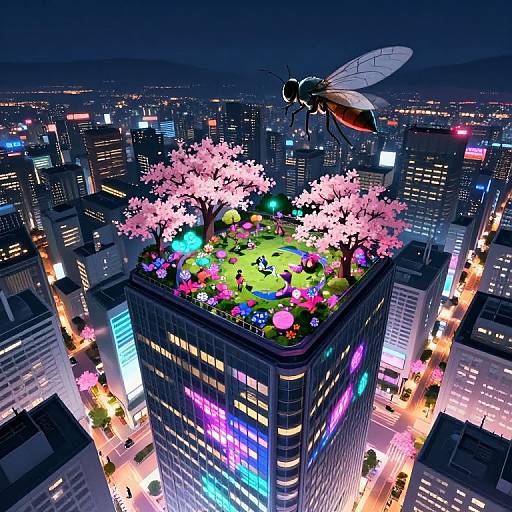 CGI anime-style image of a giant fly with translucent wings hovering above a neon-lit city building topped with a vibrant, flower-filled rooftop garden and