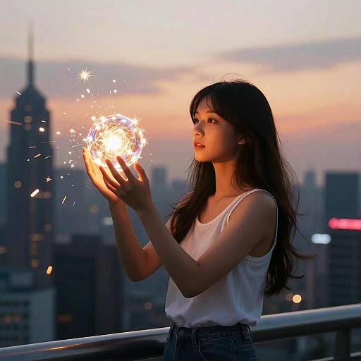 Young Woman Holding Glowing Energy Core