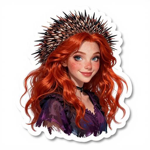 Digital art of a red-haired woman with spiky black and white hairpiece, blue eyes, and purple lace top, smiling. Background is white.