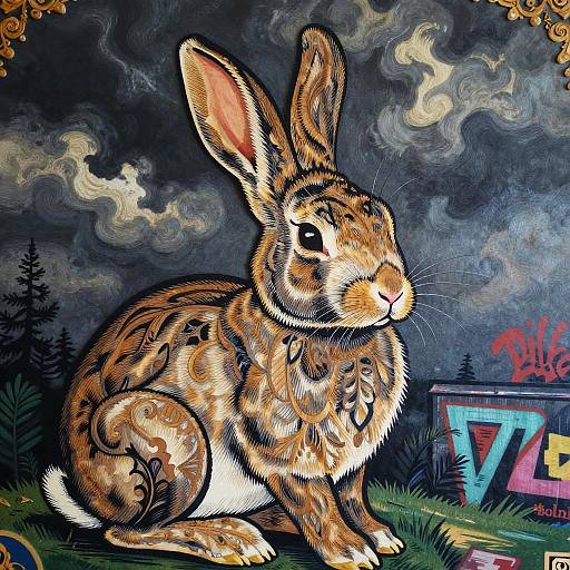 Vividly colored digital painting of a detailed, ornate brown rabbit with large ears, sitting on grass under a stormy sky, with abstract graffiti